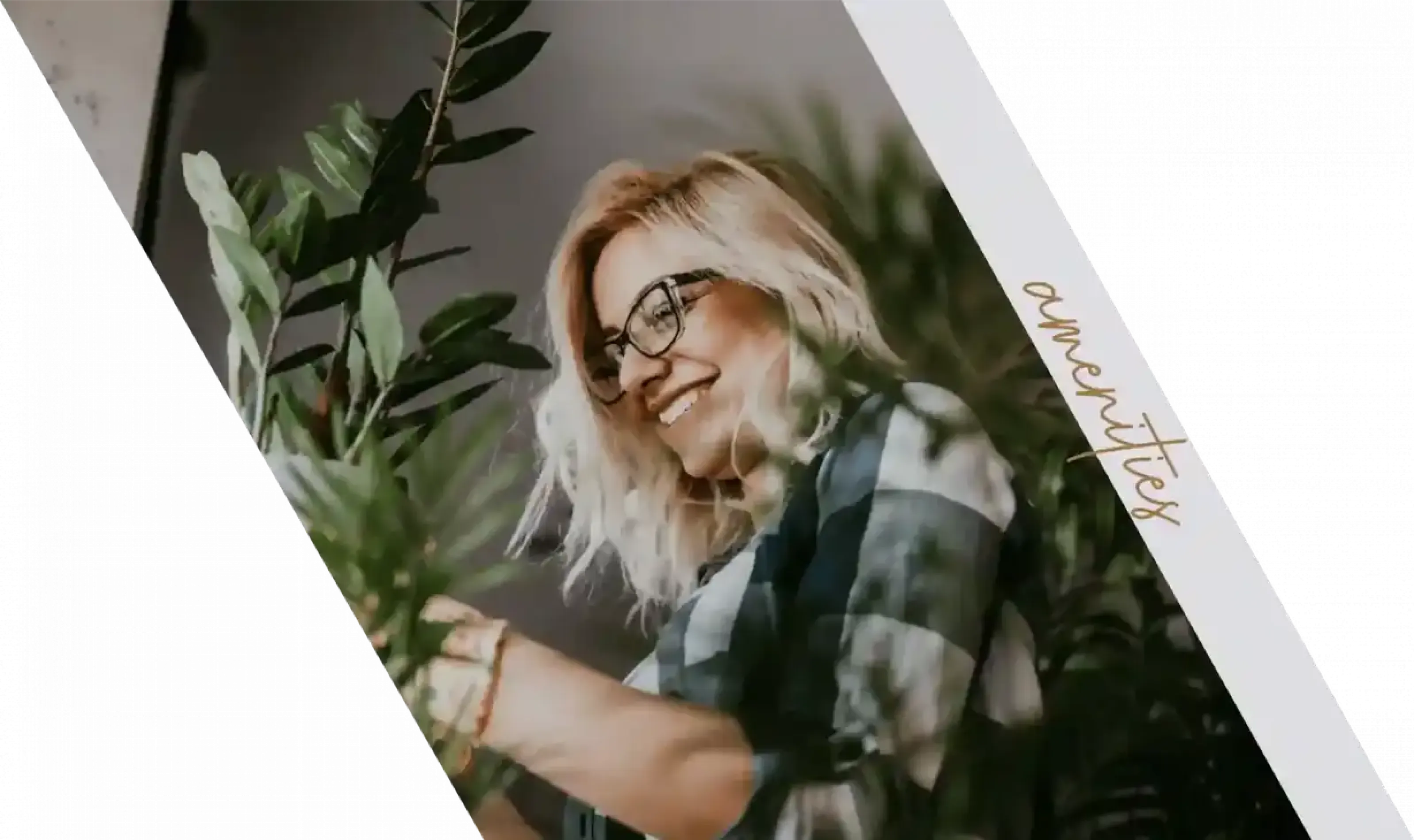 Amenities graphic overlay with photo of young woman potting indoor plants