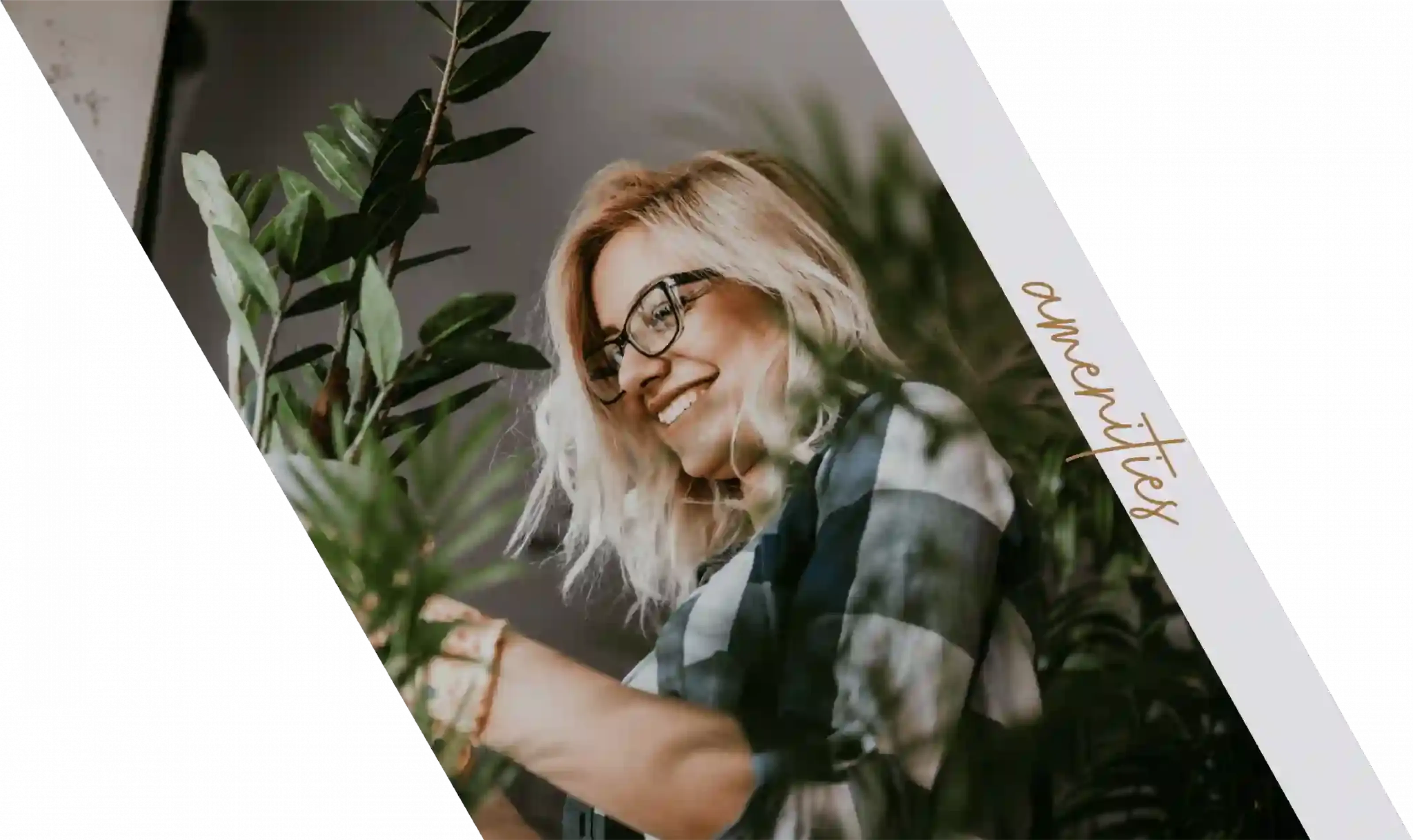 Amenities graphic overlay with photo of young woman potting indoor plants